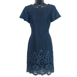ANN TAYLOR LOFT LACE SHIFT DRESS SIZE 2 NAVY W BLACK MINI CLASSIC STRETCH VGUC